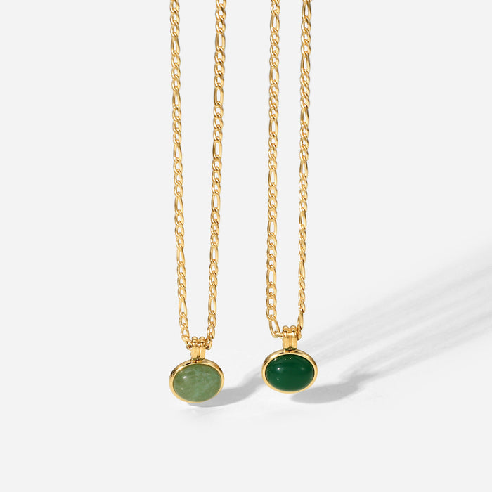 14K Gold-Plated Figaro Chain Necklace with Green Aventurine Pendant - Retro Stainless Steel Clavicle Chain