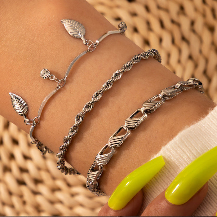 Geometric Leaf and Diamond Alloy Multi-Layered Bracelet Set