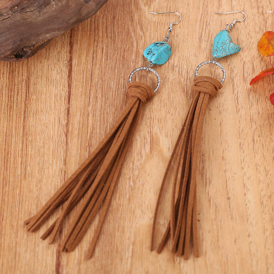 Vintage Long Turquoise Leather Tassel Earrings with Pastoral Style