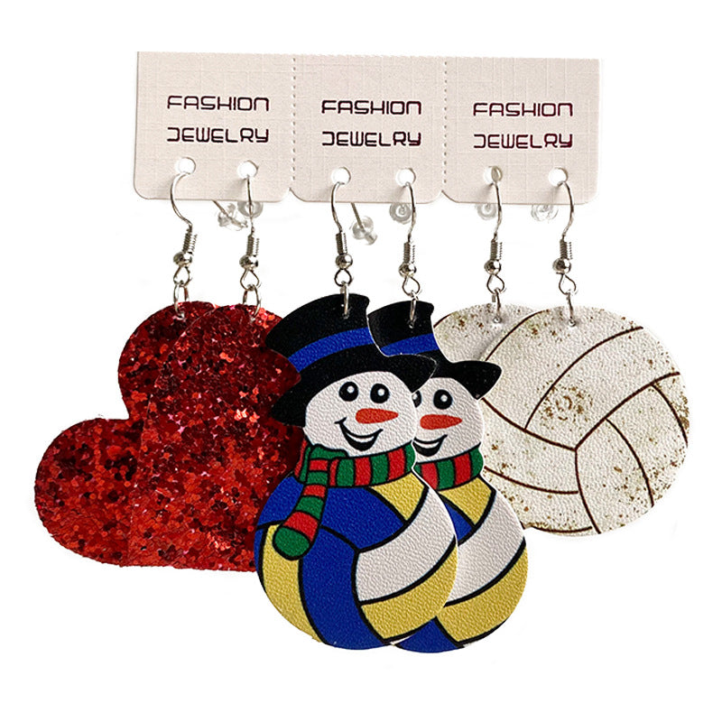 Christmas Western Cowboy PU Leather Teardrop Earrings with Sports and Snowman Design