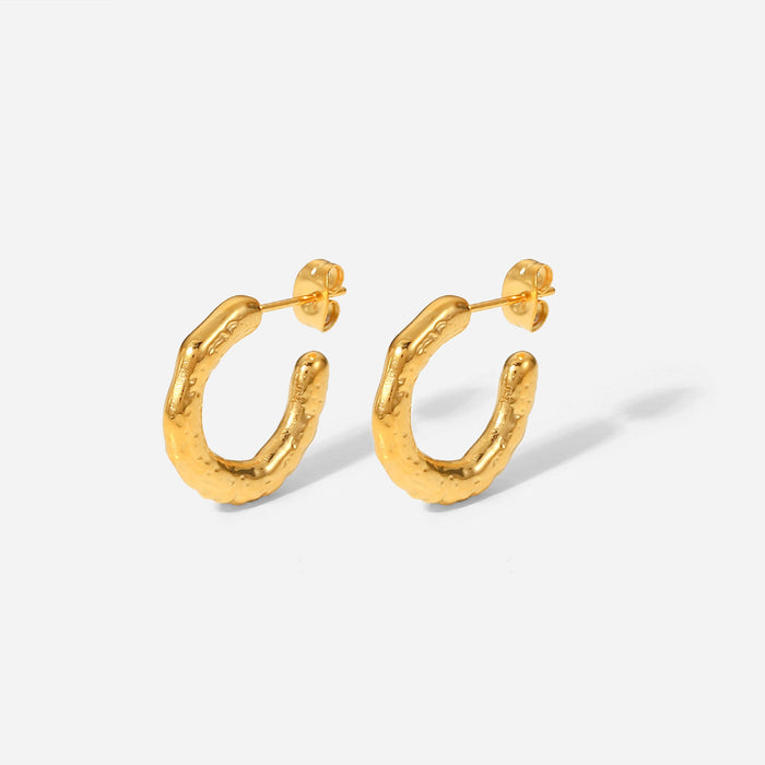 Trending Titanium Steel Earrings - 18K Gold Plated Stainless Steel Lava Effect C-Shaped Earrings for Women