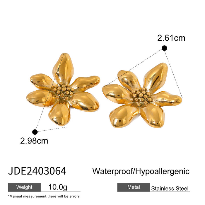 Pendientes de acero inoxidable con forma de flor irregular de seis pétalos: pendientes florales de acero de titanio y oro de 18 quilates