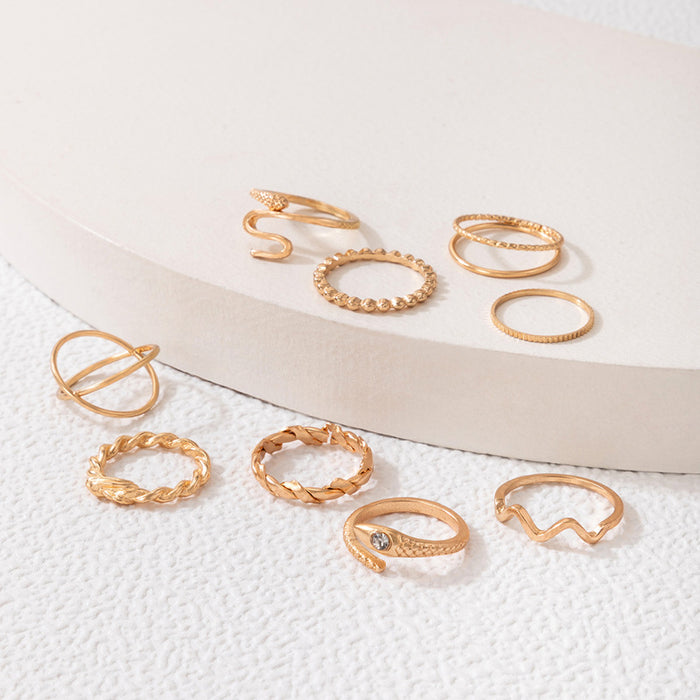 9-piece diamond snake-shaped geometric open ring set