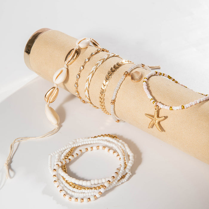 Bohemian Shell and Beaded Bracelet Set - Eleven-Piece Beach Style Beaded Jewelry