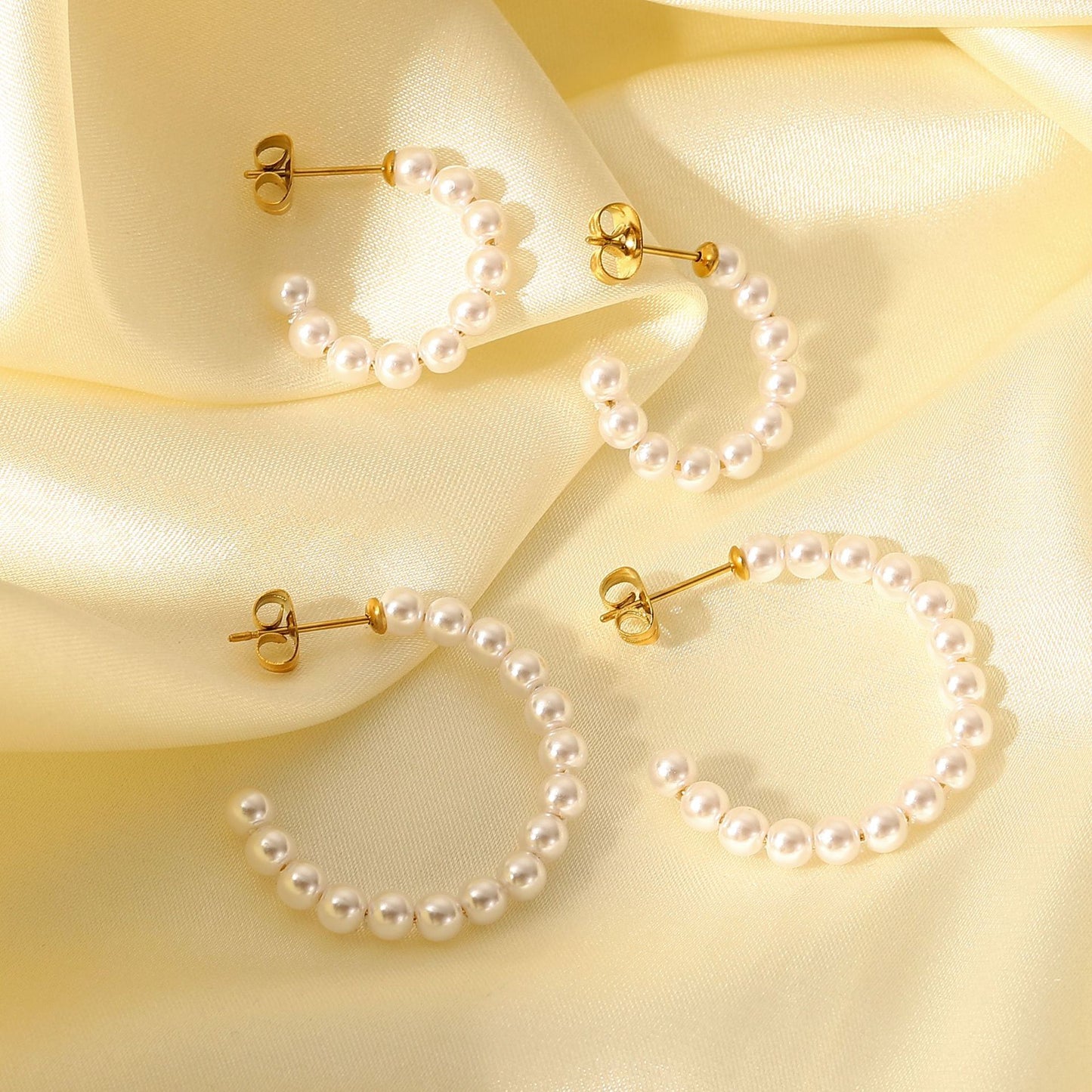 18K Gold Plated Stainless Steel Stud Earrings - C-Shaped Pearl Design