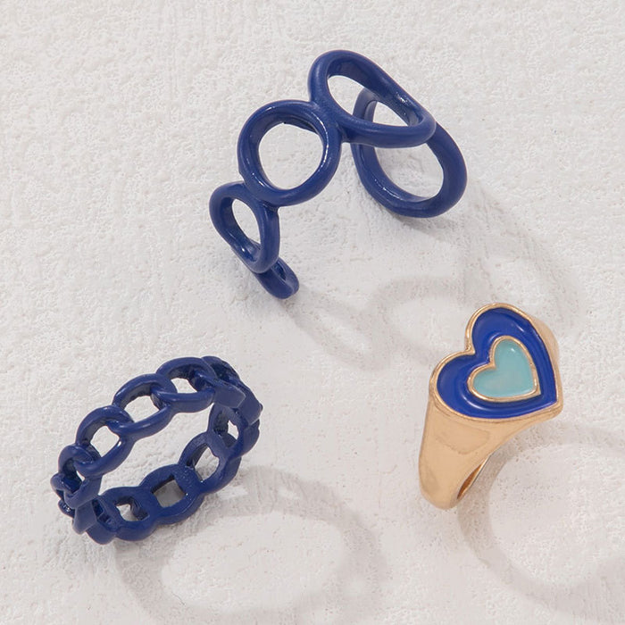 Niche design blue oil drop heart three-piece ring set