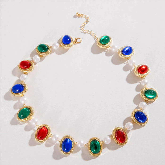 Baroque Pearl Necklace with Colorful Oval Pendant