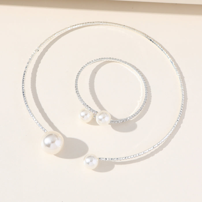 Conjunto de pulsera minimalista de diamantes de imitación y perlas: elegante brazalete abierto con gargantilla