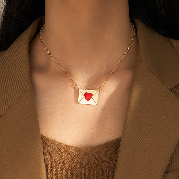 Red Heart Envelope Pendant Necklace with Geometric Love Design