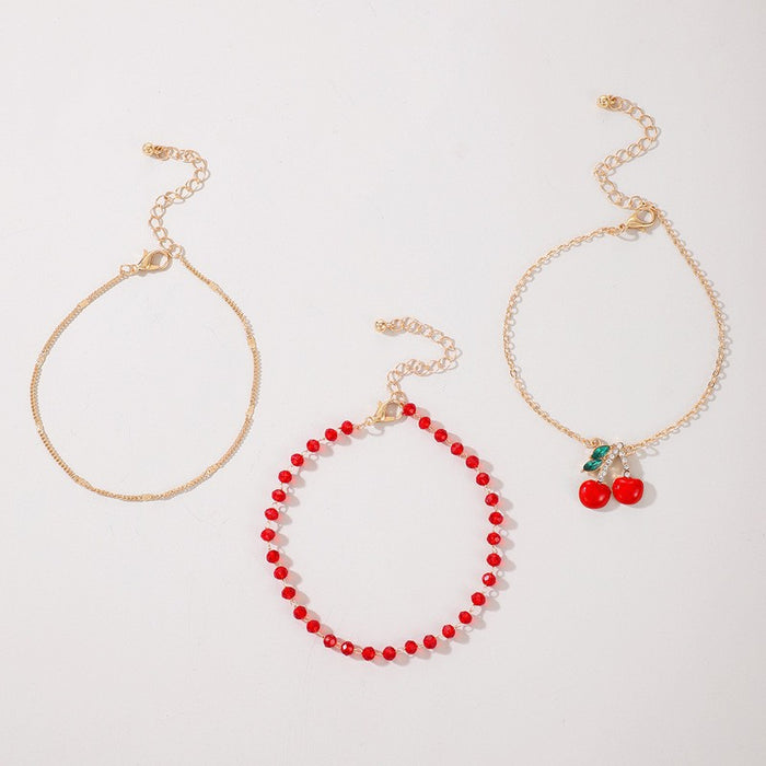 Cherry Red Beaded Triple Anklet Set - Fashionable Fruit-Inspired Ankle Bracelets