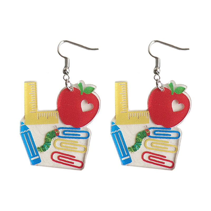 Cute Pencil, Apple, and Caterpillar Earrings with Friday Teacher Gift Theme