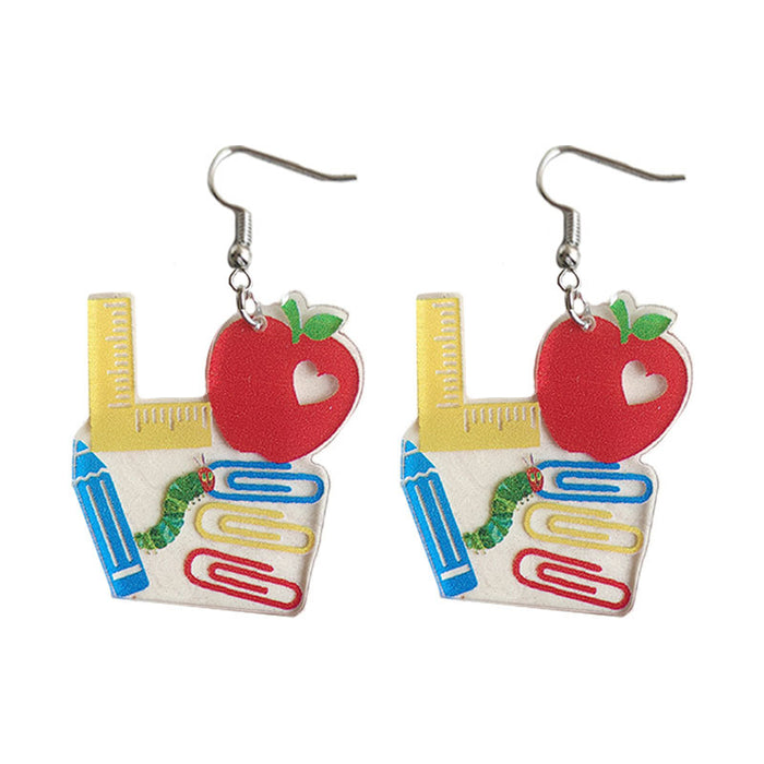 Cute Pencil, Apple, and Caterpillar Earrings with Friday Teacher Gift Theme