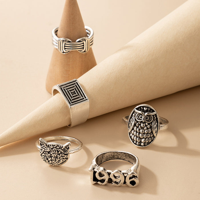 Retro Animal Hip Hop Number Ring 5-Piece Set