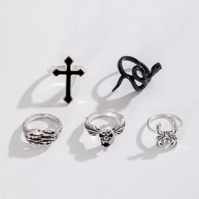 Retro Punk Cross Snake Ring Set - Dark Spider Skull Five-Piece Set for Women