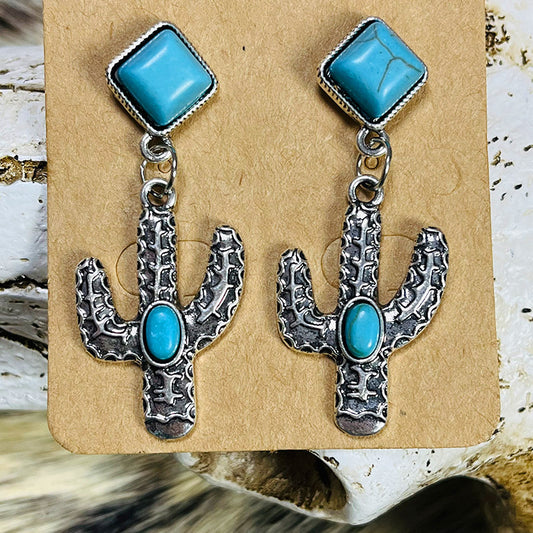 Bohemian Ethnic Turquoise Cactus Earrings with Vintage Texture