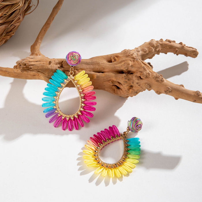 Geometric teardrop hollow earrings colorful raffia earrings