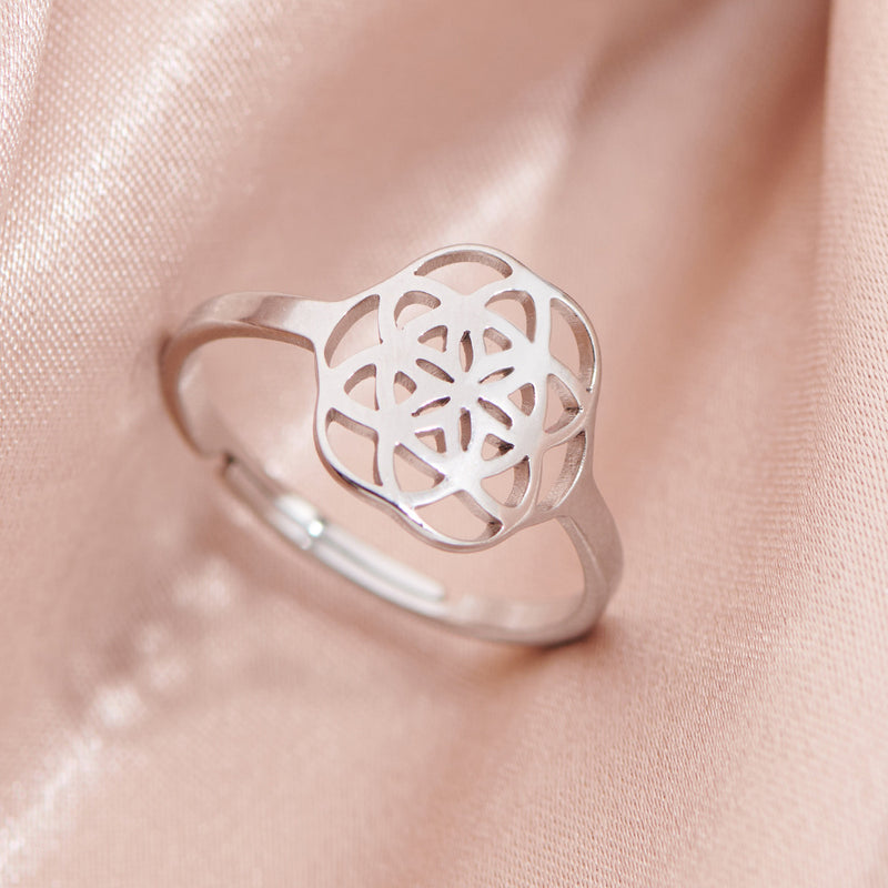 Anillo de flor de mandala, anillo abierto hueco de acero inoxidable galvanizado de 18 quilates al por mayor
