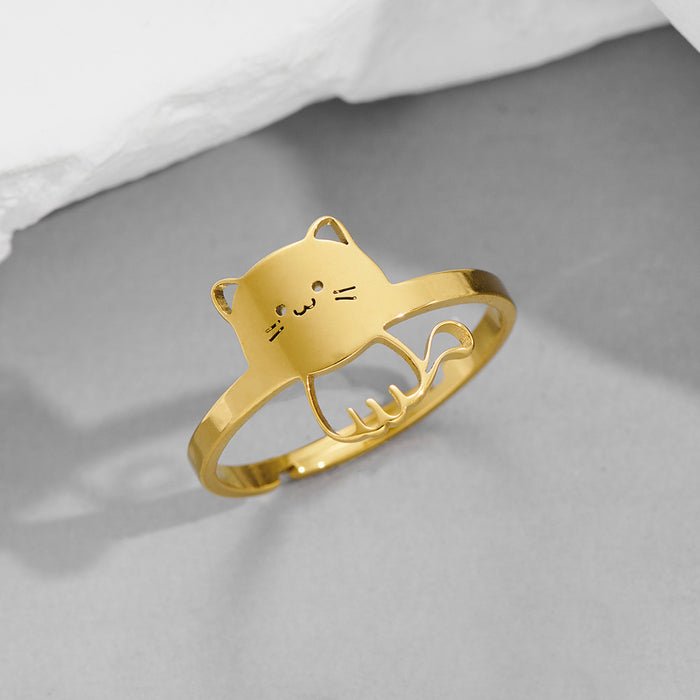 Fashionable cat open ring, stainless steel Japanese cute pet ring wholesale