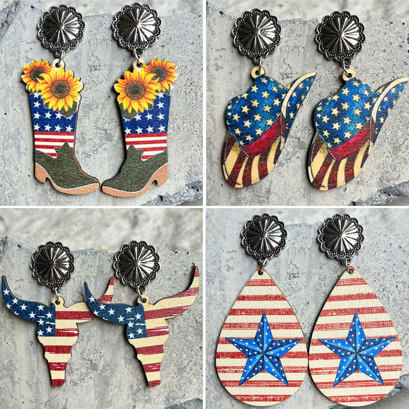 Independence Day Earrings with Western Cowboy Boots and Bullhead Designs