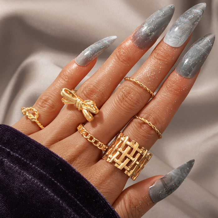 Bohemian ethnic style hollow braided bow ring 6-piece set