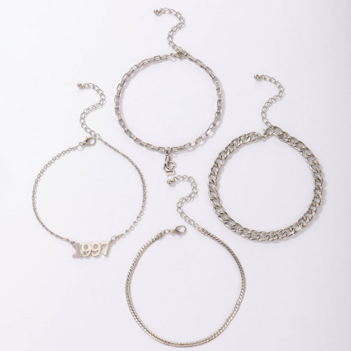 Number 1997 Anklet Four-Piece Set with Geometric Snake Chain