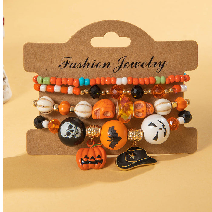 Juego de pulseras de cuentas con forma de calabaza y calavera para Halloween: accesorio único y divertido de cuatro piezas