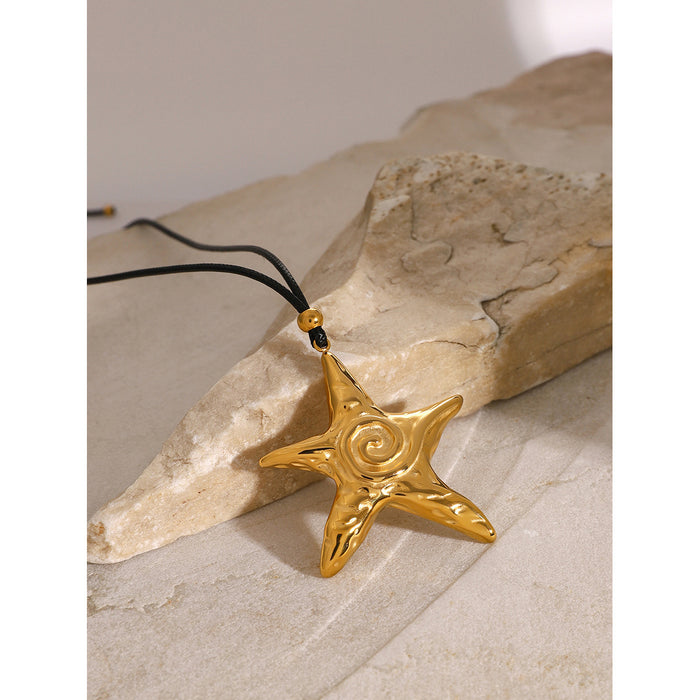 18K Gold-Plated Stainless Steel Star Pendant Necklace - Large Retro Spiral Starfish with Wax Cord