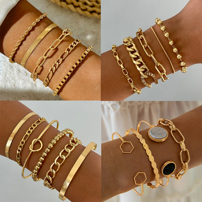 Simple Wide Bracelet Set - Geometric Round Bangle Jewelry