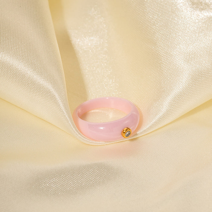 French Vintage Style Pink Round Diamond Inlaid Ring - 7mm Wide 18K Stainless Steel