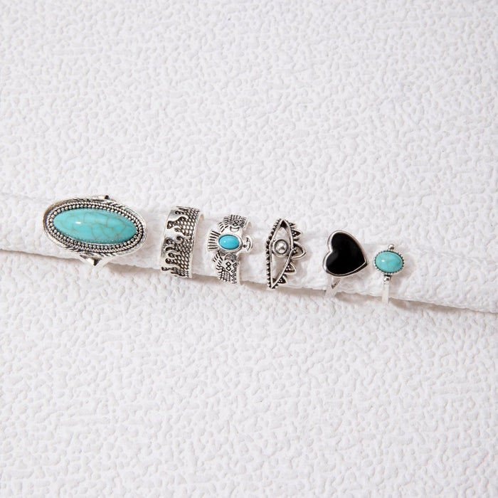 Vintage Turquoise Heart Ring Set - 6pcs Stylish Exaggerated Rings