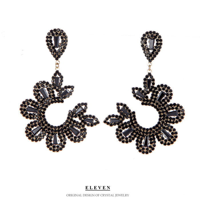 Symmetrical Floral Black Rhinestone Earrings - Elegant Statement Jewelry for Women