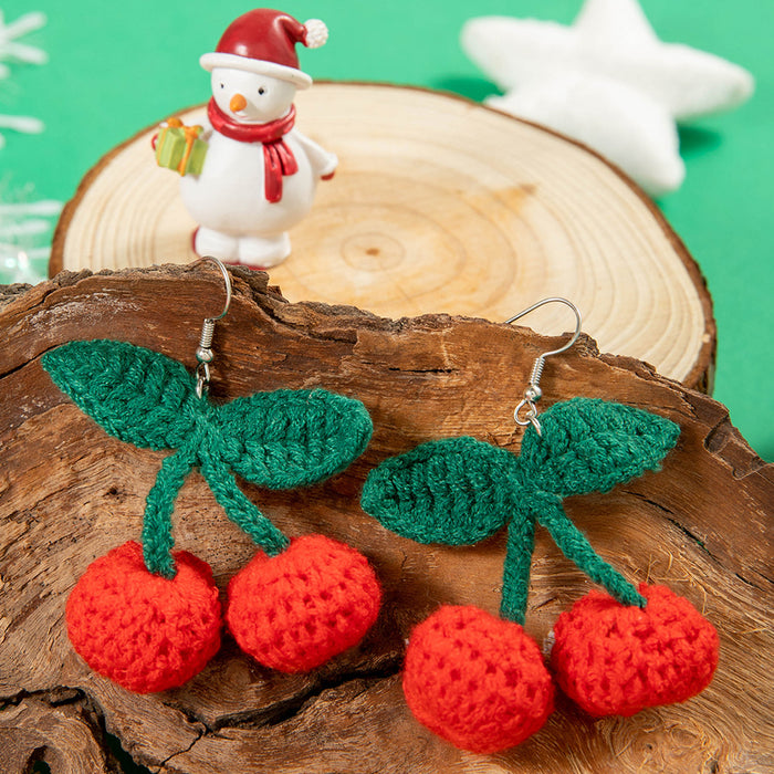 Yarn knitted red cherry earrings sweet simulated fruit earrings