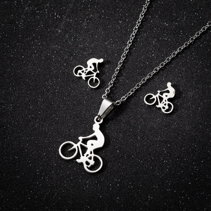 Bicycle series pendant necklace earrings set, ins European and American stainless steel women's sports jewelry