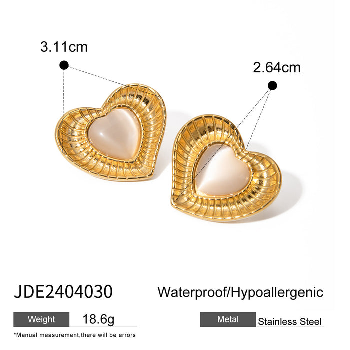 18K Gold Stainless Steel Heart Earrings - White Cat's Eye Stone Design Jewelry