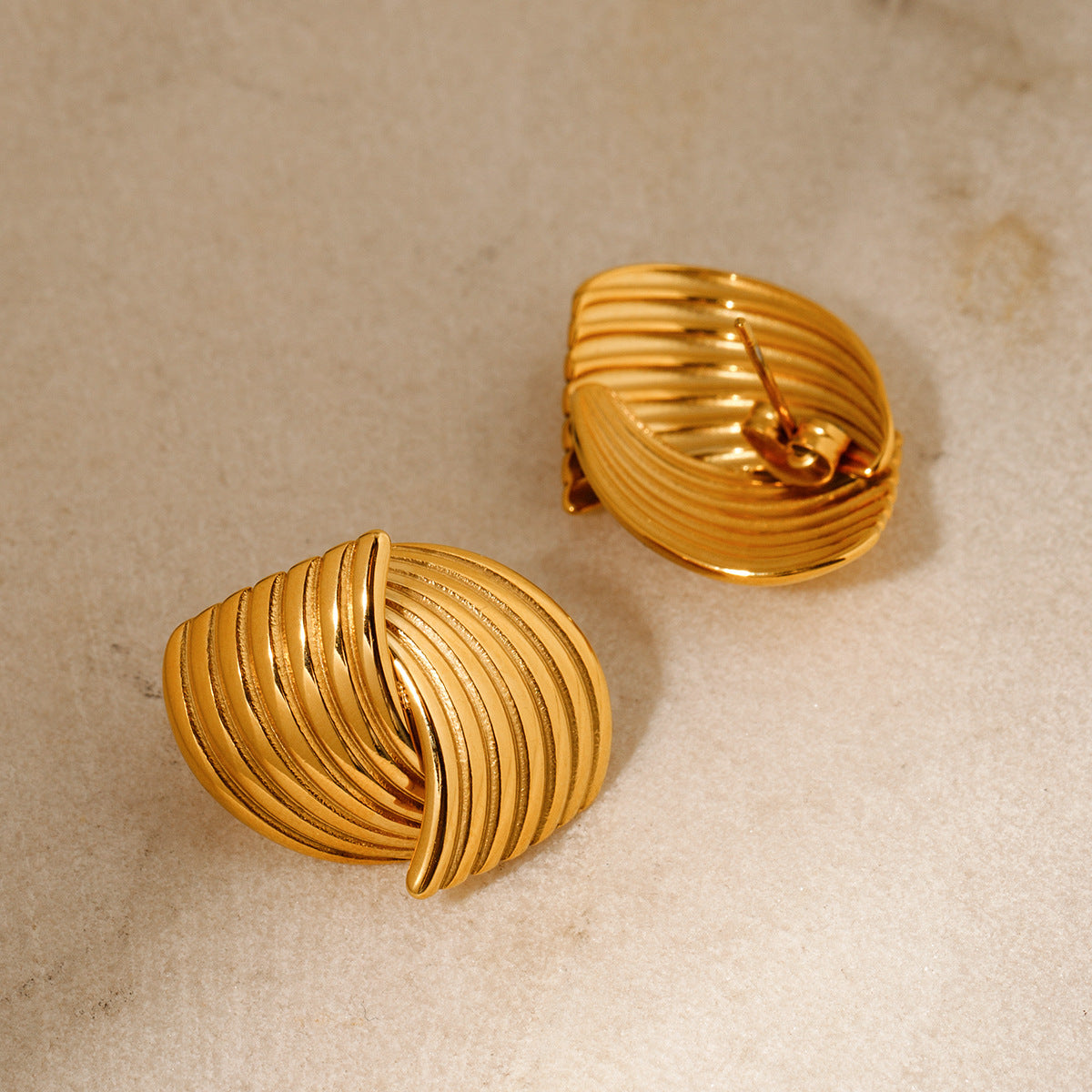 18K Gold Plated Stainless Steel Wavy Square Earrings - High-End Textured Design