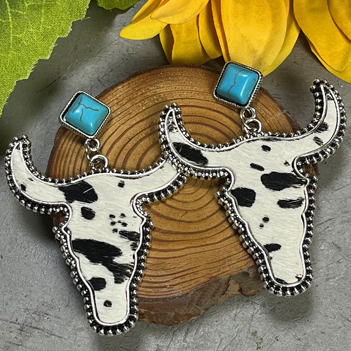 Pendientes de piel de vaca auténtica de estilo bohemio con cabeza de toro y turquesa estilo occidental