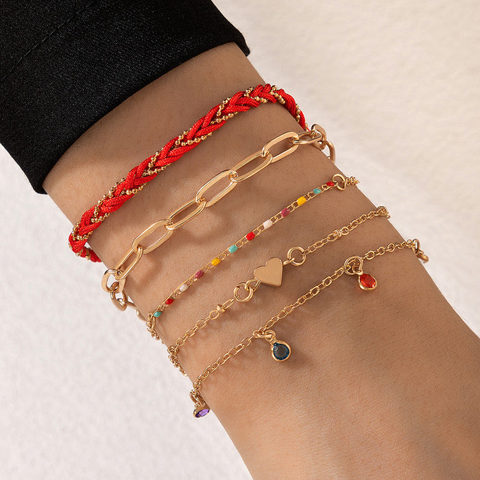 Conjunto de pulseras de cuerda con forma de corazón de estilo étnico bohemio: colección de cinco piezas