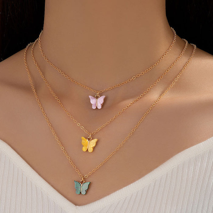 Triple Layered Colorful Butterfly Pendant Necklace - Boho Chic Statement Piece