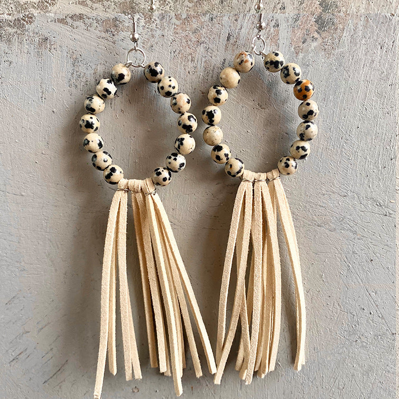 Natural Stone Bead and Leather Tassel Earrings with Western Texas Style