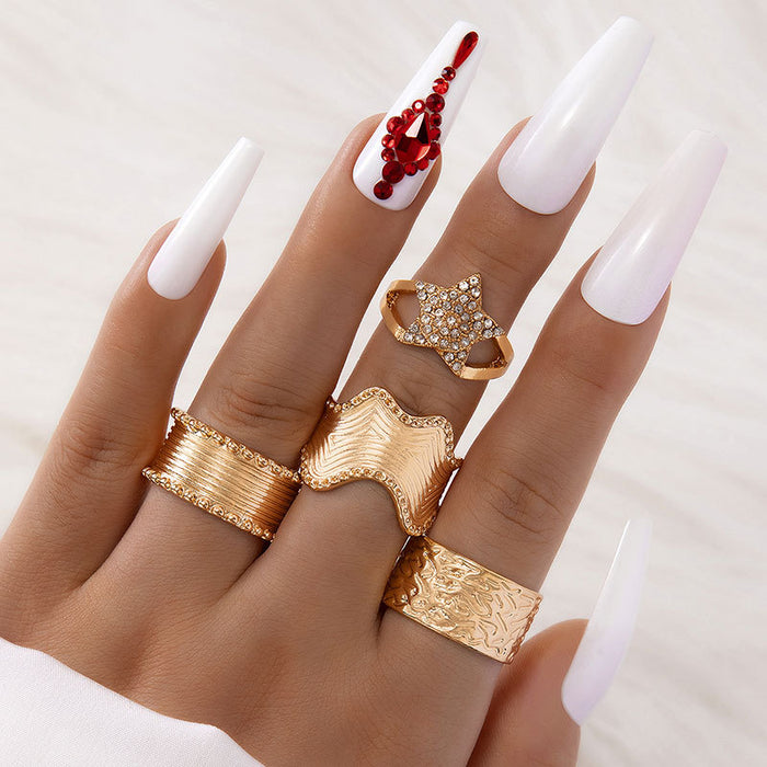 Geometric diamond five-pointed star lips heart four-piece ring set