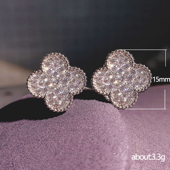 Full diamond micro-encrusted four-leaf clover earrings