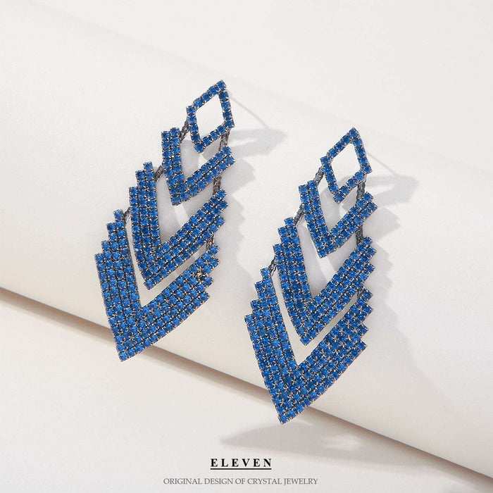 Blue full diamond tassel chain earrings