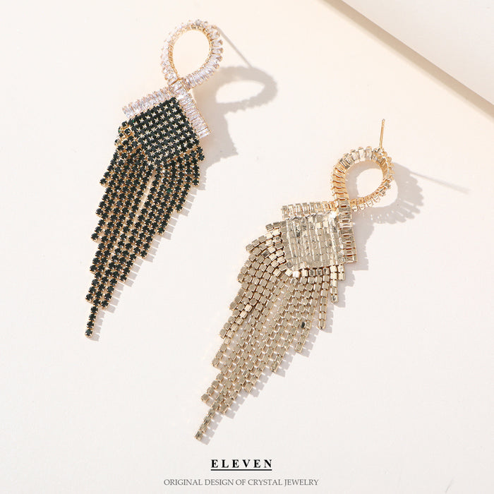 Silver Needle Rhinestone Tassel Earrings - Exaggerated Vintage Dangles for a Bold Look - wallojewerly 