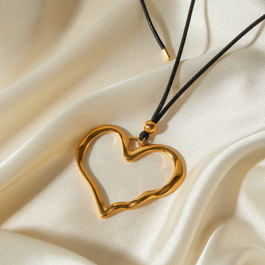 18K Gold-Plated Stainless Steel Wax Cord Necklace with Crinkled Heart Pendant - Trendy Design