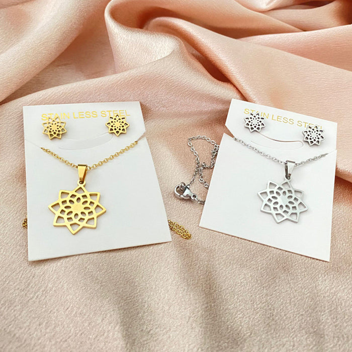 Flower earrings necklace three-piece set, stainless steel simple flower jewelry set wholesale