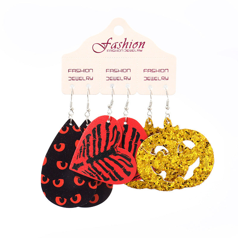 Halloween PU Leather Earring Set with Exaggerated Pumpkin and Alien Design - wallojewerly 