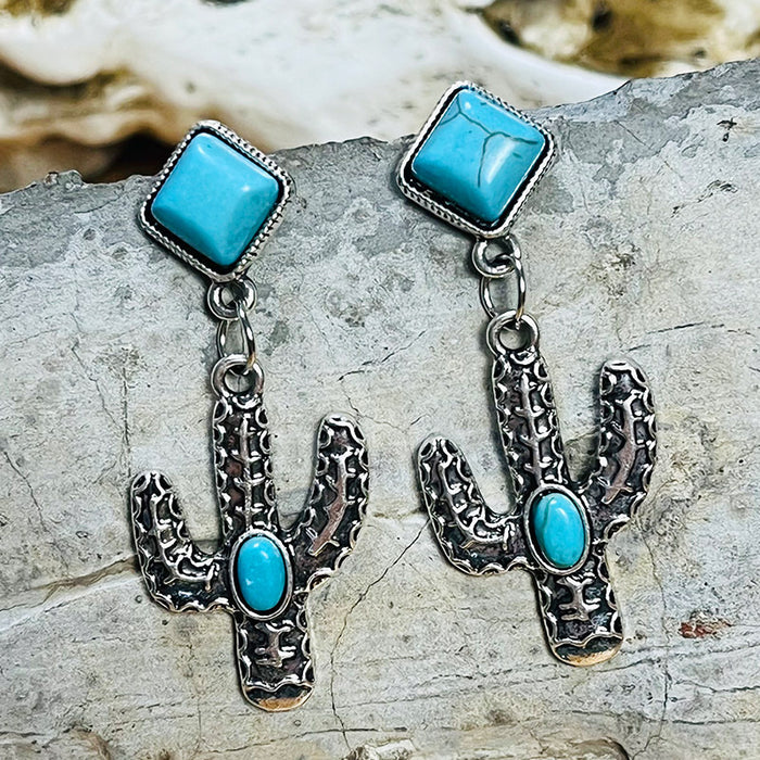 Bohemian Ethnic Turquoise Cactus Earrings with Vintage Texture