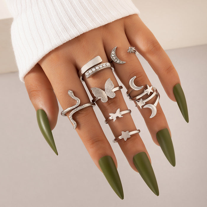 Retro Ethnic Snake Star Rings Set - 9pcs Set