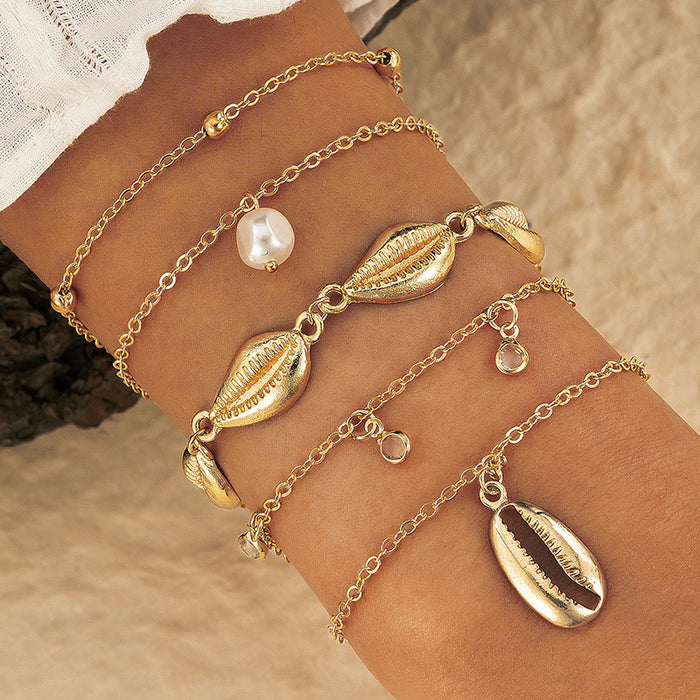 Shell Alloy Bracelet Set - Letter Pearl Geometric Multi-Layer Bracelets