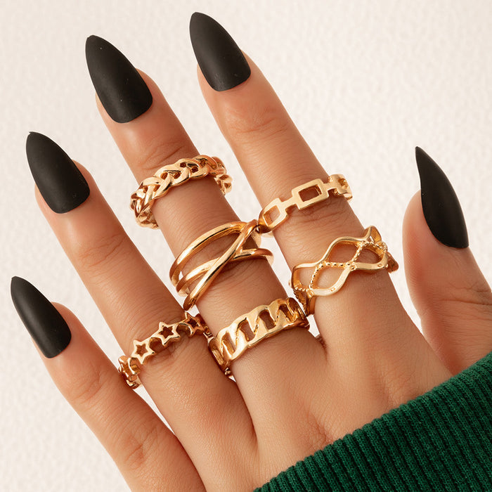 Elephant and Star Ring Set - 6-Piece Geometric Hollow Rings for Women